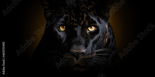 This striking image showcases a Panther in a front view against a black backdrop. Copy Space © B & G Media