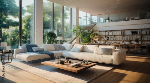 Interior design  natural lighting  cinematic shot  beautiful environment  interiors filled with light  sofa and living space  high stud  ceilings