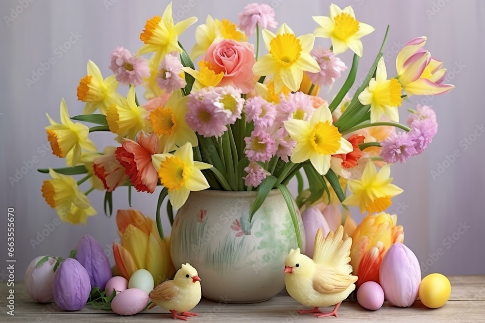 Adorable Easter arrangement: watercolor vase tulips chickens eggs. Generative AI