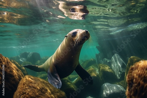 A sea lion swimming near rocks. Generative AI