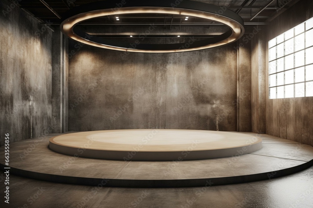 A spacious, contemporary room with a circular ceiling opening, elevated stage, and textured floor - industrial backdrop template. Generative AI - obrazy, fototapety, plakaty 