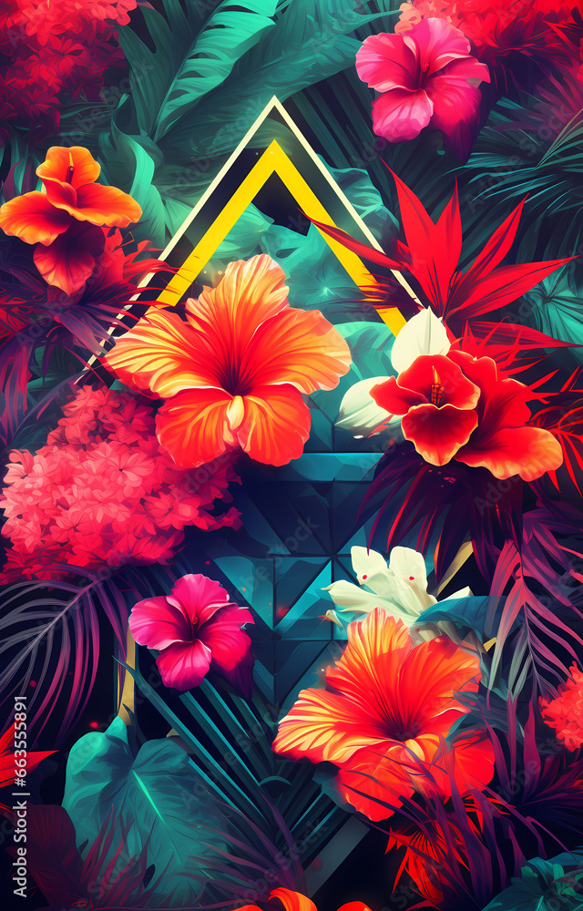 Geometric figure on dark background of colorful flowers and tropical foliage nature in retrowave style. Synthwave. Nature wallpaper with Hibiscus tropical leaves and triangles. Abstract background.