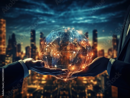 Global business concept. Hands touching global internet network connection, data exchange, Business communication, Generative AI