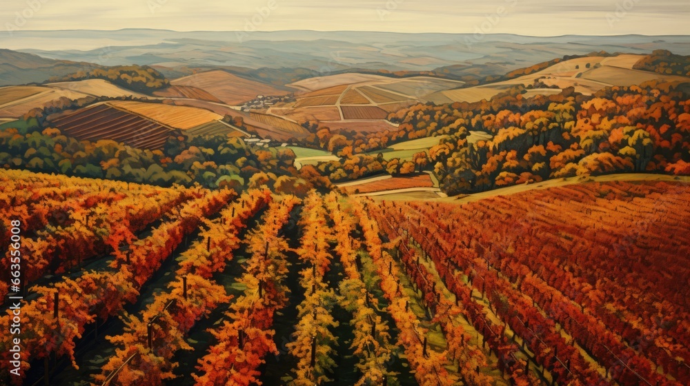 vineyard in autumn, with vibrant foliage and rows of grapevines seen from above generative ai
