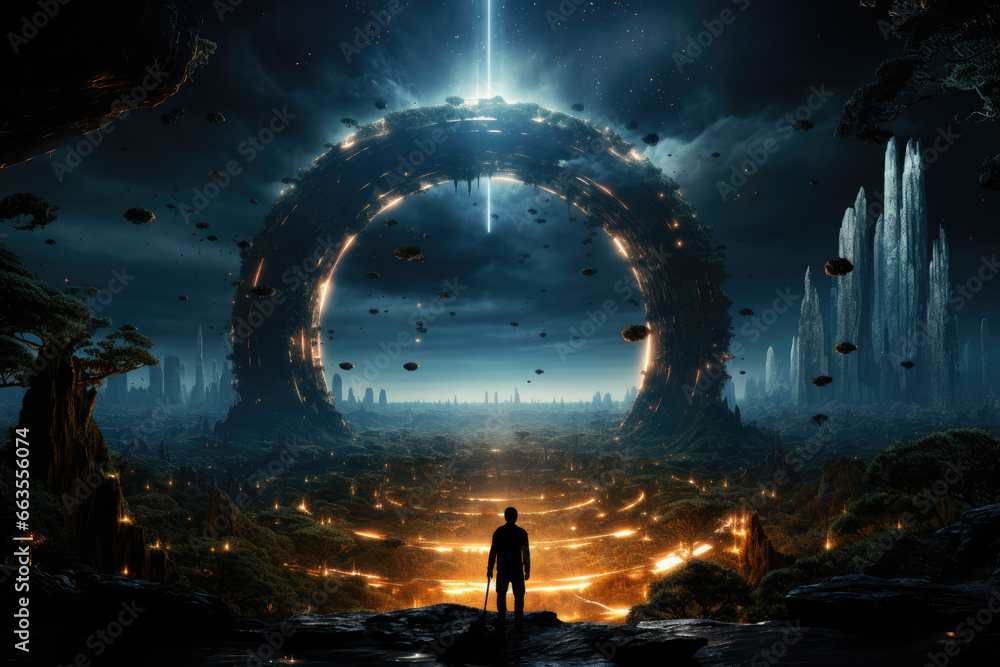 A science fiction novel cover featuring a portal to parallel universes, inviting readers to