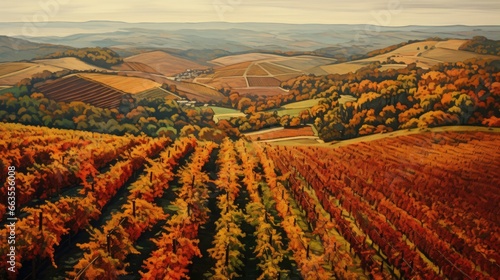 vineyard in autumn  with vibrant foliage and rows of grapevines seen from above generative ai