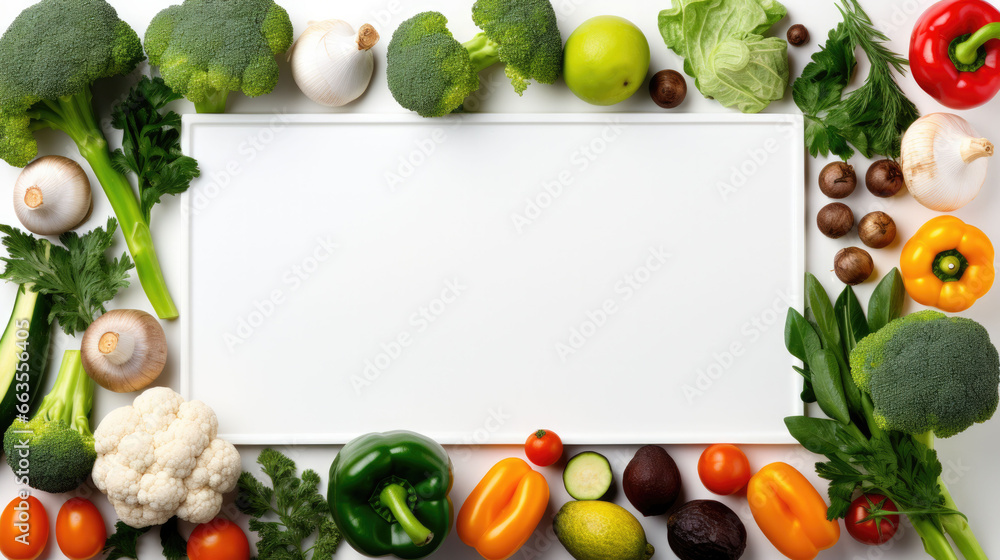 Array of fresh vegetables and greens framing a blank white space, ideal for nutritional concepts, recipes, and healthy living.
Array of fresh vegetables and greens framing a blank white space, ideal for nutritional concepts, recipes, and healthy living.