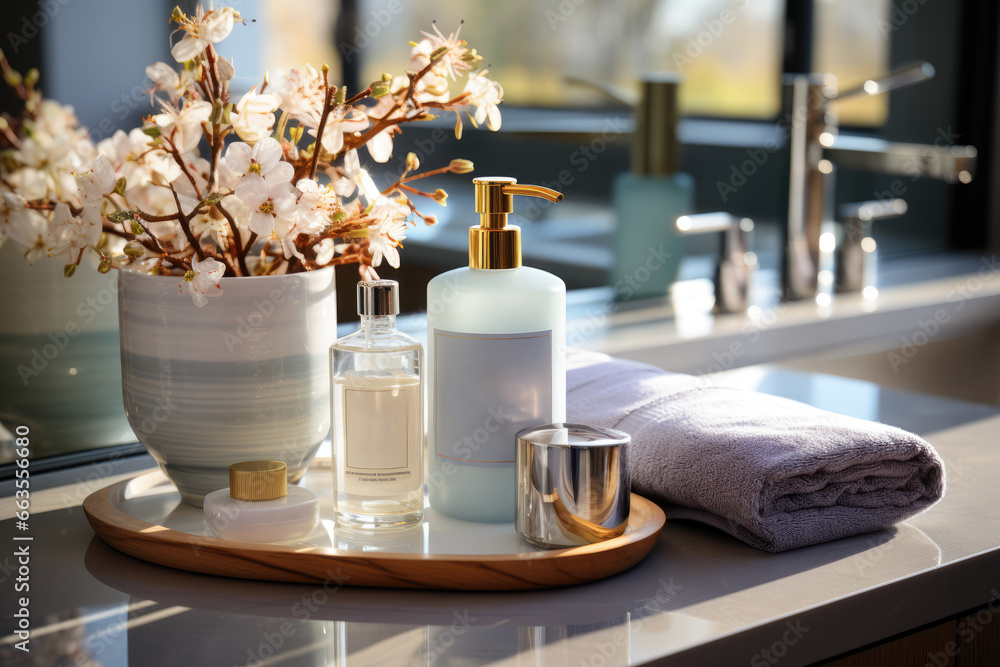 A bathroom countertop with various toiletries neatly organized, promoting good personal hygiene practices. Concept of personal care. Generative Ai.