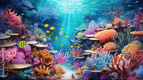 vibrant coral reef in clear blue waters  teeming with marine life  seen from above generative ai