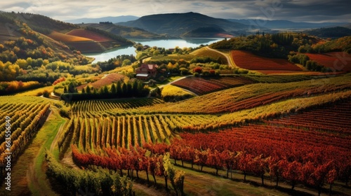 vineyard in autumn, with vibrant foliage and rows of grapevines seen from above generative ai