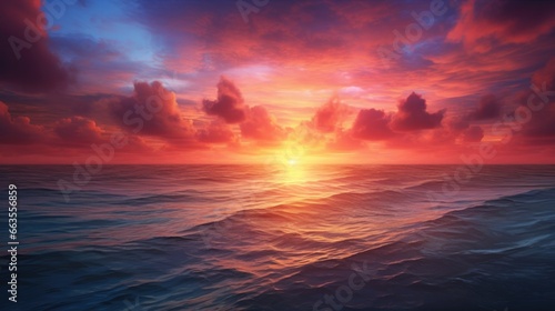 Spectacular sunset over a calm ocean horizon with vibrant colors from above. generative ai