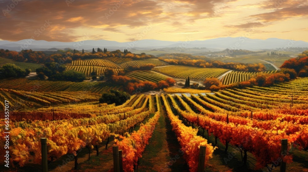 vineyard in autumn, with vibrant foliage and rows of grapevines seen from above generative ai