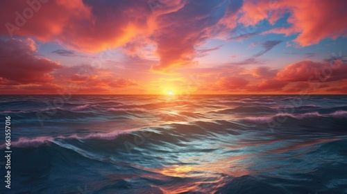 Spectacular sunset over a calm ocean horizon with vibrant colors from above. generative ai © ThisDesign