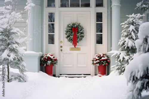 A white door enhanced by a Christmas wreath with a red bow, surrounded by snow and festive decorations.