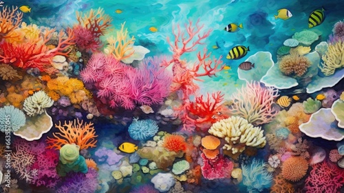 vibrant coral reef in clear blue waters  teeming with marine life  seen from above generative ai