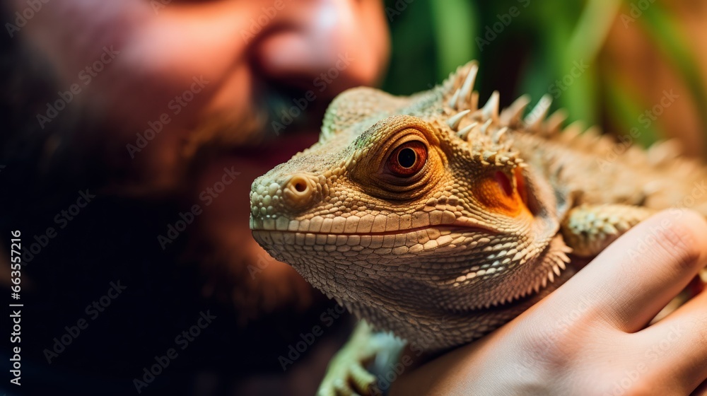 A reptile enthusiast interacts with their exotic pet, demonstrating the fascination and affection that can exist in the unique bond between humans and reptiles.