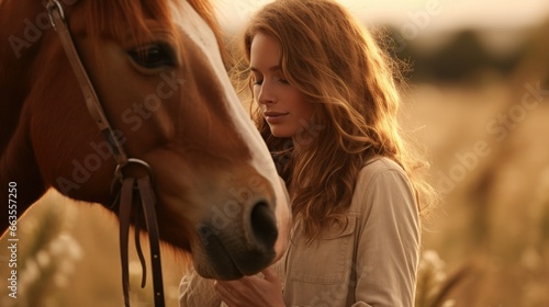 A woman stands in a sunlit meadow, tenderly communicating with her majestic horse
