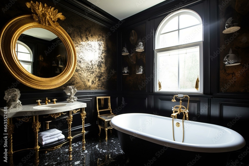 Elegant bathroom in black and gold. Generative AI