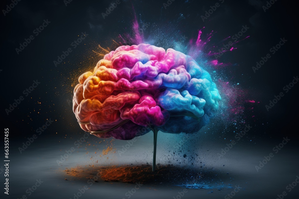 Human brain releasing colorful smoke, human emotions concept, Generative AI - obrazy, fototapety, plakaty 