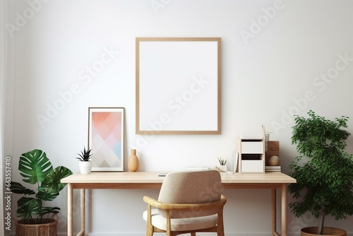 Bright workspace with furniture and decorative items. Frame displayed as a mockup. Generative AI