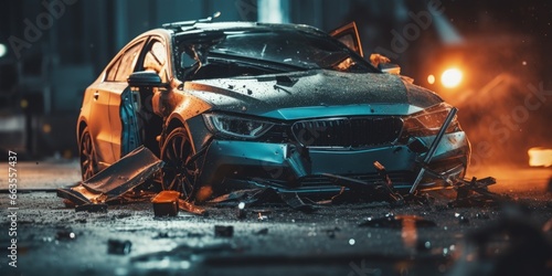 Crashed car with destroyed front end, car accident, Generative AI photo
