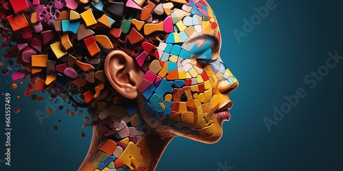 Colorful puzzle head on blue background, concept of plurality of ideas, Generative AI photo