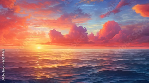 Spectacular sunset over a calm ocean horizon with vibrant colors from above. generative ai