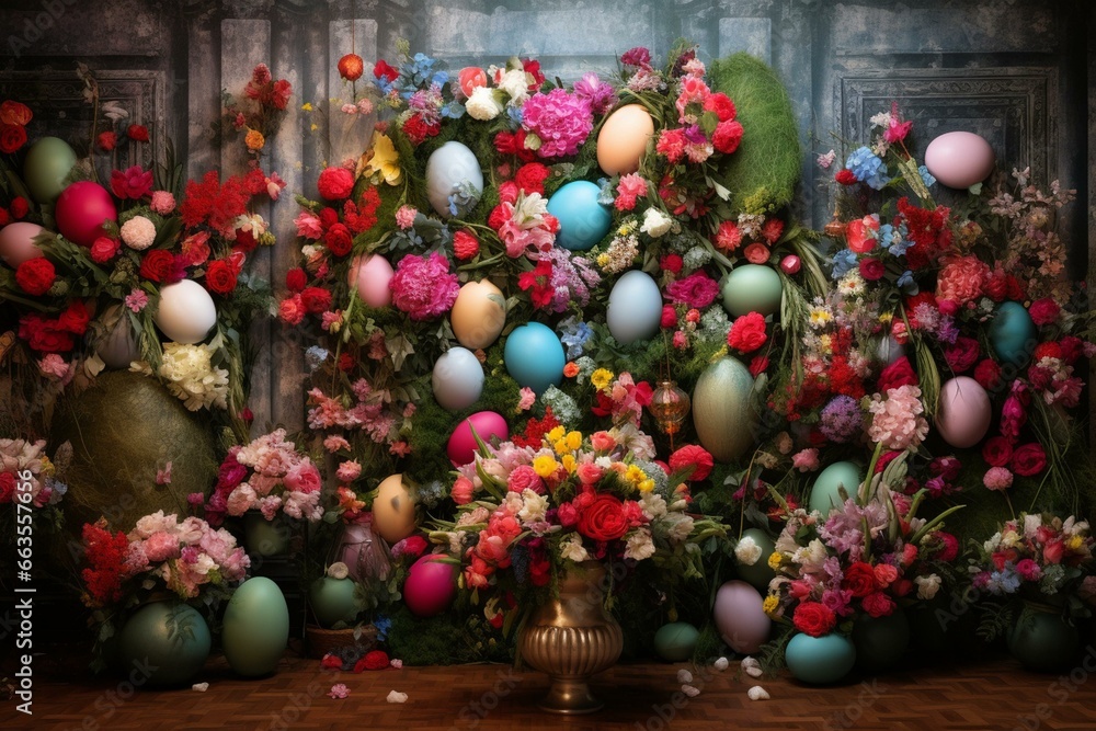 Holiday-themed backdrop with organized colorful eggs featuring floral designs. Generative AI