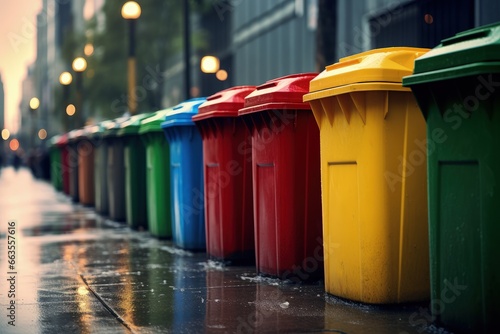 Row of colorful plastic trash cans on a city street, Colorful urban trash cans, Generative AI