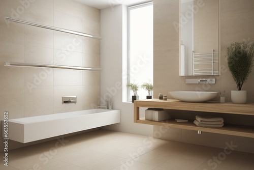 Modern style bathroom with minimalist design and ample copy space. Suitable for website images. Generative AI