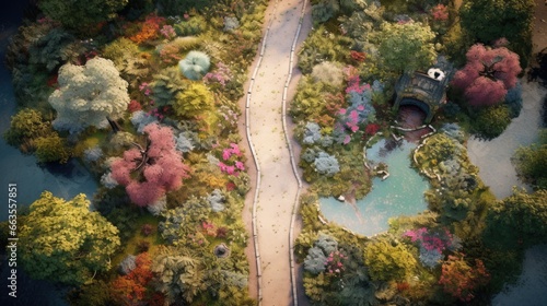 tranquil garden in full bloom, with colorful flowers and pathways seen from above generative ai © ThisDesign