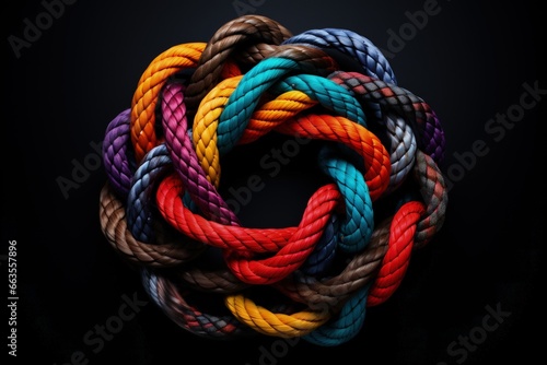 Colorful rope tied in a circle on black background, concept of diversity and plurality, Generative AI