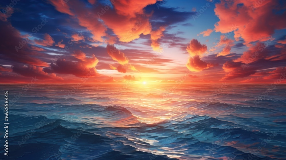 Spectacular sunset over a calm ocean horizon with vibrant colors from above. generative ai