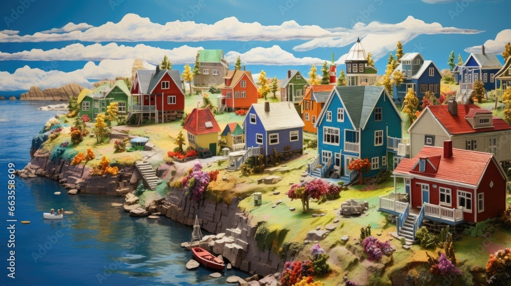 charming coastal town from an elevated perspective with colorful houses. generative ai