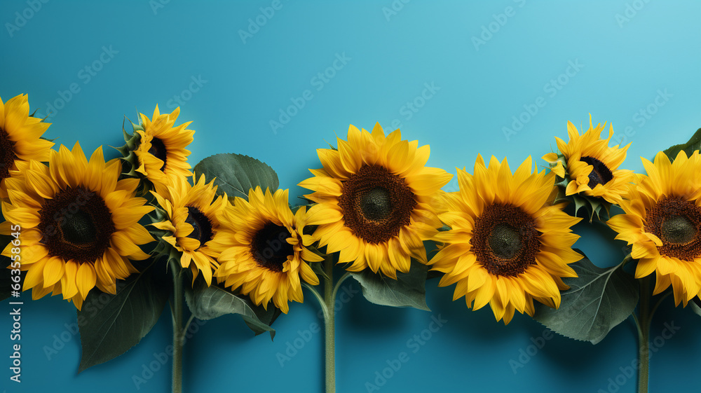 yellow sunflowers in the blue frame on a white wooden background. copy space