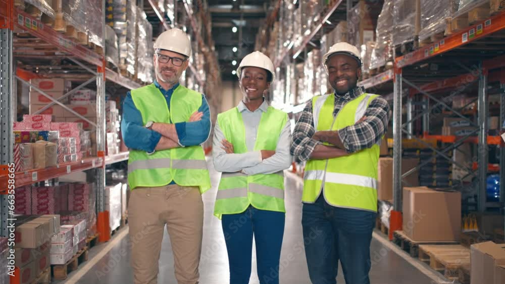 Multicultural people in protective uniform looking at each other at warehouse. Three industrial workers smiling at background of multi tiered shelves. Team of storage employees with arms crossed. Multicultural people in protective uniform looking at each other at warehouse. Three industrial workers smiling at background of multi tiered shelves. Team of storage employees with arms crossed.