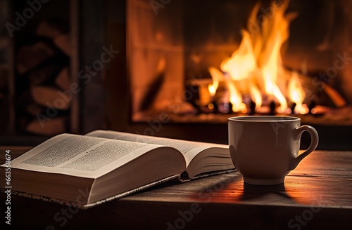 Fototapeta cup of tea or coffee and open book near fireplace at cozy home, hot drink at wnt