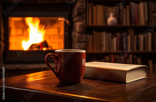 cup of tea or coffee and open book near fireplace at cozy home, hot drink at wnter photo