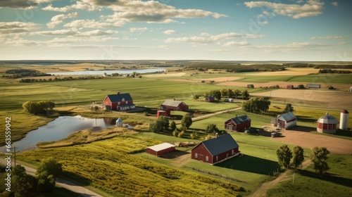 aerial view of a rural farm with fields of crops and a red barn nestled in the landscape generative ai © ThisDesign