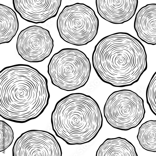 Vector Seamless Pattern with Tree Rings, Saw Cut Tree Trunk, Wood Log, Cross. Pine, Oak Slices, Lumber. Cut Timber, Wooden Texture with Tree Rings. Hand Drawn Design Element