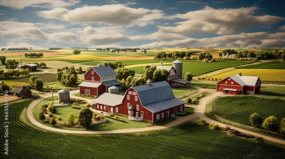 aerial view of a rural farm with fields of crops and a red barn nestled in the landscape generative ai - obrazy, fototapety, plakaty 