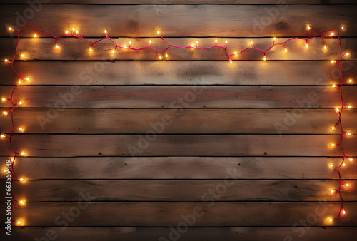 wooden table with fairy lights, christmas table top with copy space