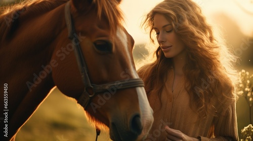 A woman stands in a sunlit meadow, tenderly communicating with her majestic horse © PixelPaletteArt