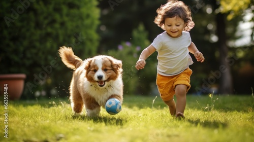 A young child and their puppy share a joyful moment in the backyard, running and playing fetch together.