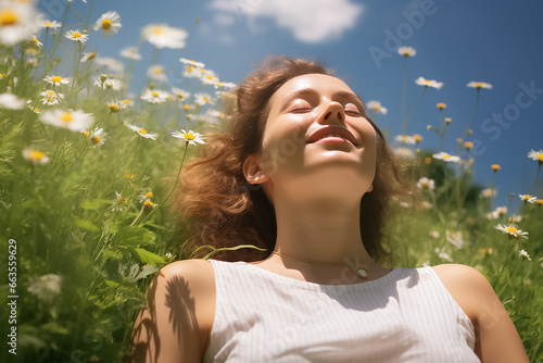 The portrait of a female teenageer laying and sleeping peacefully on a white daisy bush under warm sunlight  Generative AI.