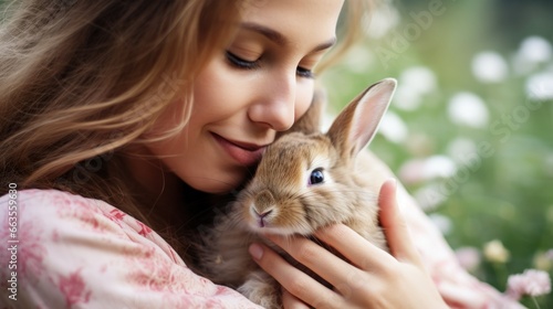 In a garden, a person enjoys a moment of connection with their pet rabbit, exemplifying the gentleness and love shared between them. © PixelPaletteArt