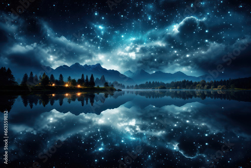 A crystal-clear lake reflecting the stars as if it were a celestial mirror. Concept of astral reflections. Generative Ai.