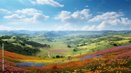 aerial view from a vibrant flower field with a clear blue sky and rolling hills generative ai