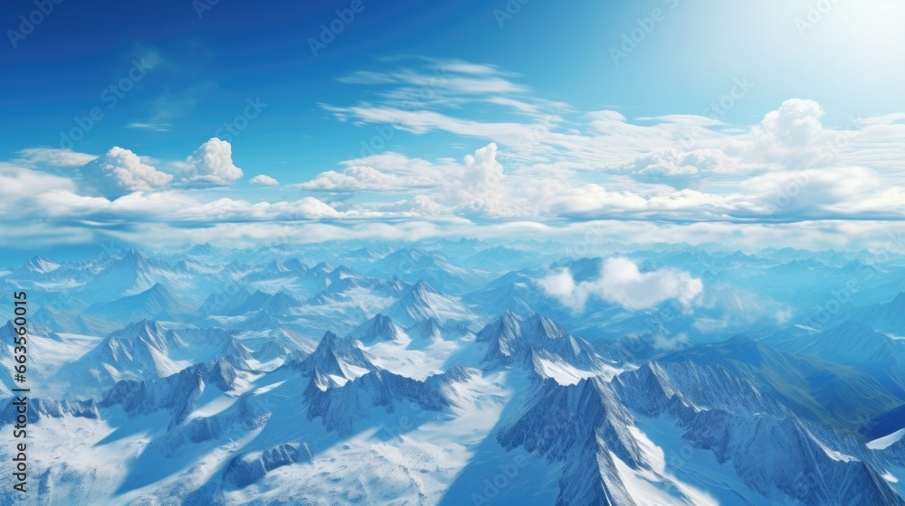 Fototapeta premium aerial view from a mountain with snow-capped peaks generative ai