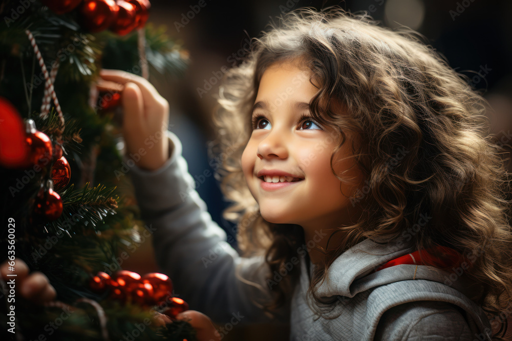 A child's eyes filled with wonder and amazement as they gaze at the beautifully decorated Christmas tree on Christmas morning. Generative Ai. A child's eyes filled with wonder and amazement as they gaze at the beautifully decorated Christmas tree on Christmas morning. Generative Ai.